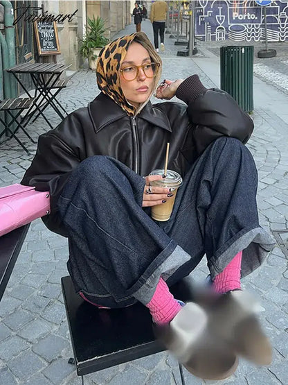 Tavimart Vintage Lapel Collar Pu Leather Short Jacket Women Chic Long Sleeve Zipper Cropped Coats 2025 New Fashion Female Street Outwears