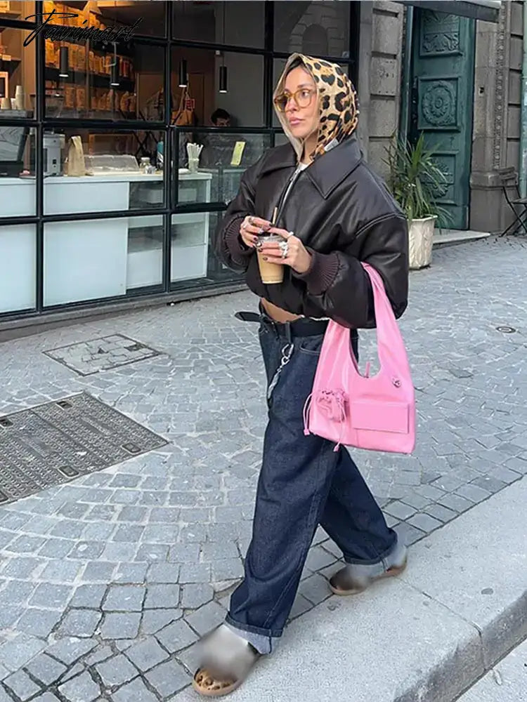 Tavimart Vintage Lapel Collar Pu Leather Short Jacket Women Chic Long Sleeve Zipper Cropped Coats 2025 New Fashion Female Street Outwears