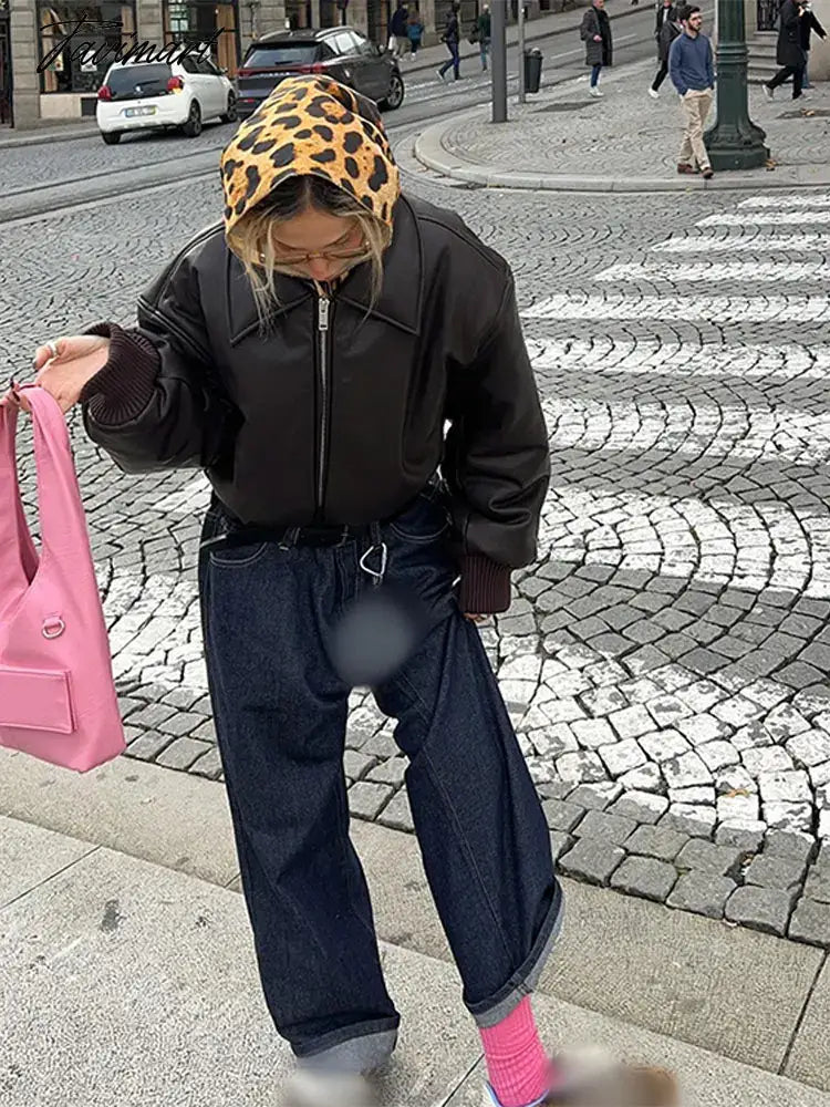 Tavimart Vintage Lapel Collar Pu Leather Short Jacket Women Chic Long Sleeve Zipper Cropped Coats 2025 New Fashion Female Street Outwears