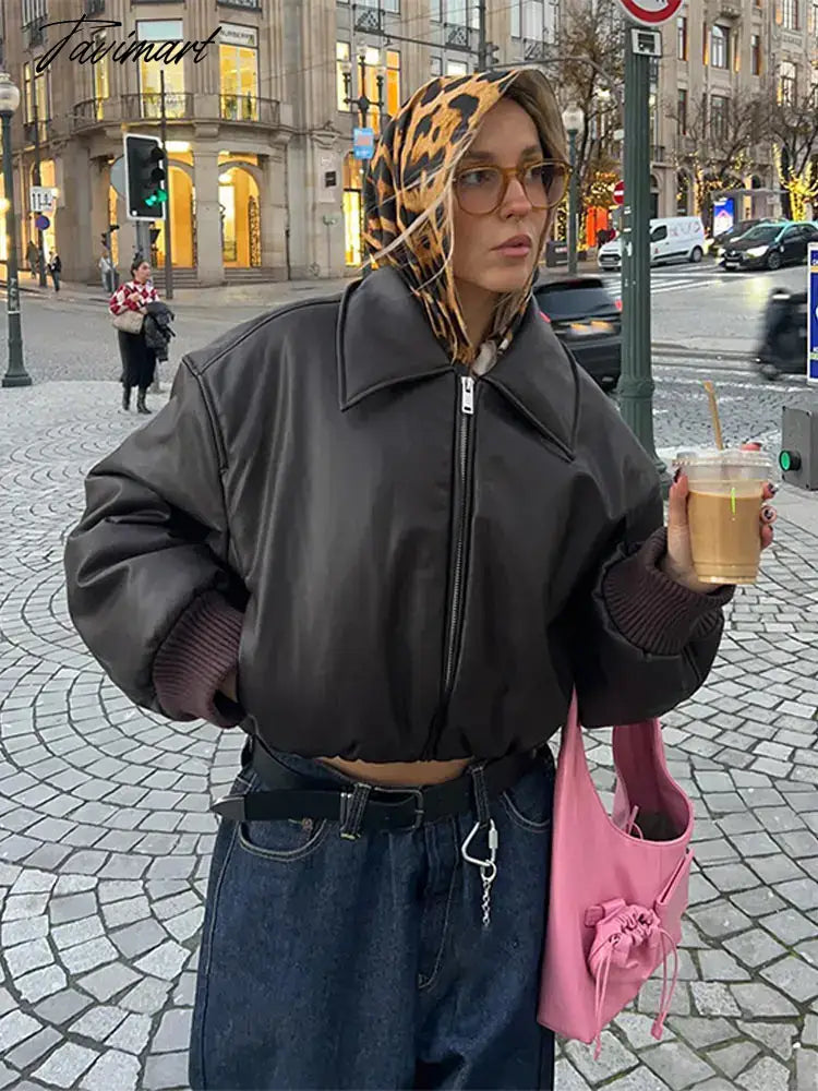 Tavimart Vintage Lapel Collar Pu Leather Short Jacket Women Chic Long Sleeve Zipper Cropped Coats 2025 New Fashion Female Street Outwears