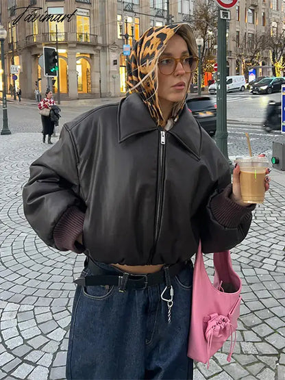 Tavimart Vintage Lapel Collar Pu Leather Short Jacket Women Chic Long Sleeve Zipper Cropped Coats 2025 New Fashion Female Street Outwears