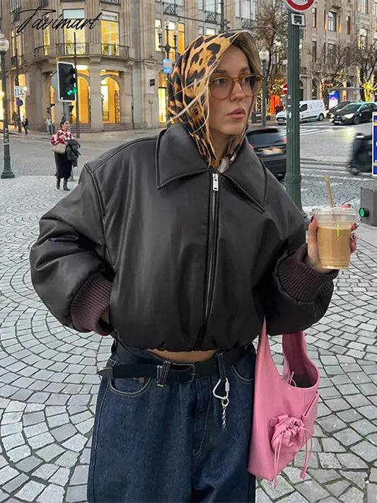 Tavimart Vintage Lapel Collar Pu Leather Short Jacket Women Chic Long Sleeve Zipper Cropped Coats 2025 New Fashion Female Street Outwears