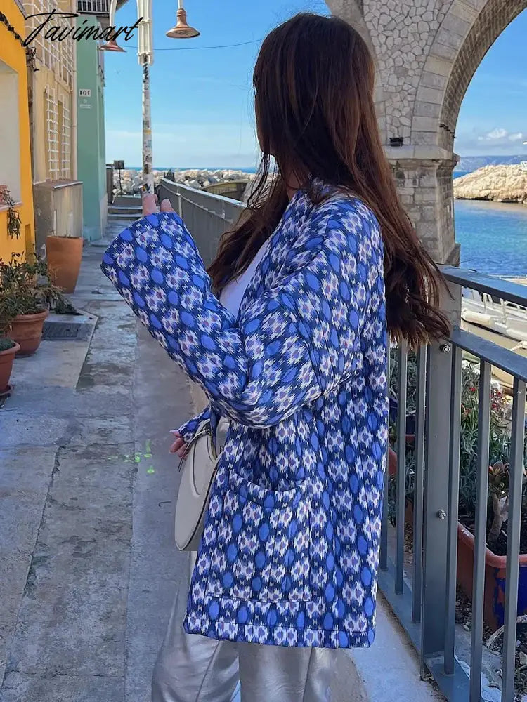 Tavimart Vintage Printed Loose Coat For Women Fashion Floral Thick Warm Cotton Jackets Autumn Chic Female Long Sleeve Commuter Jumpers