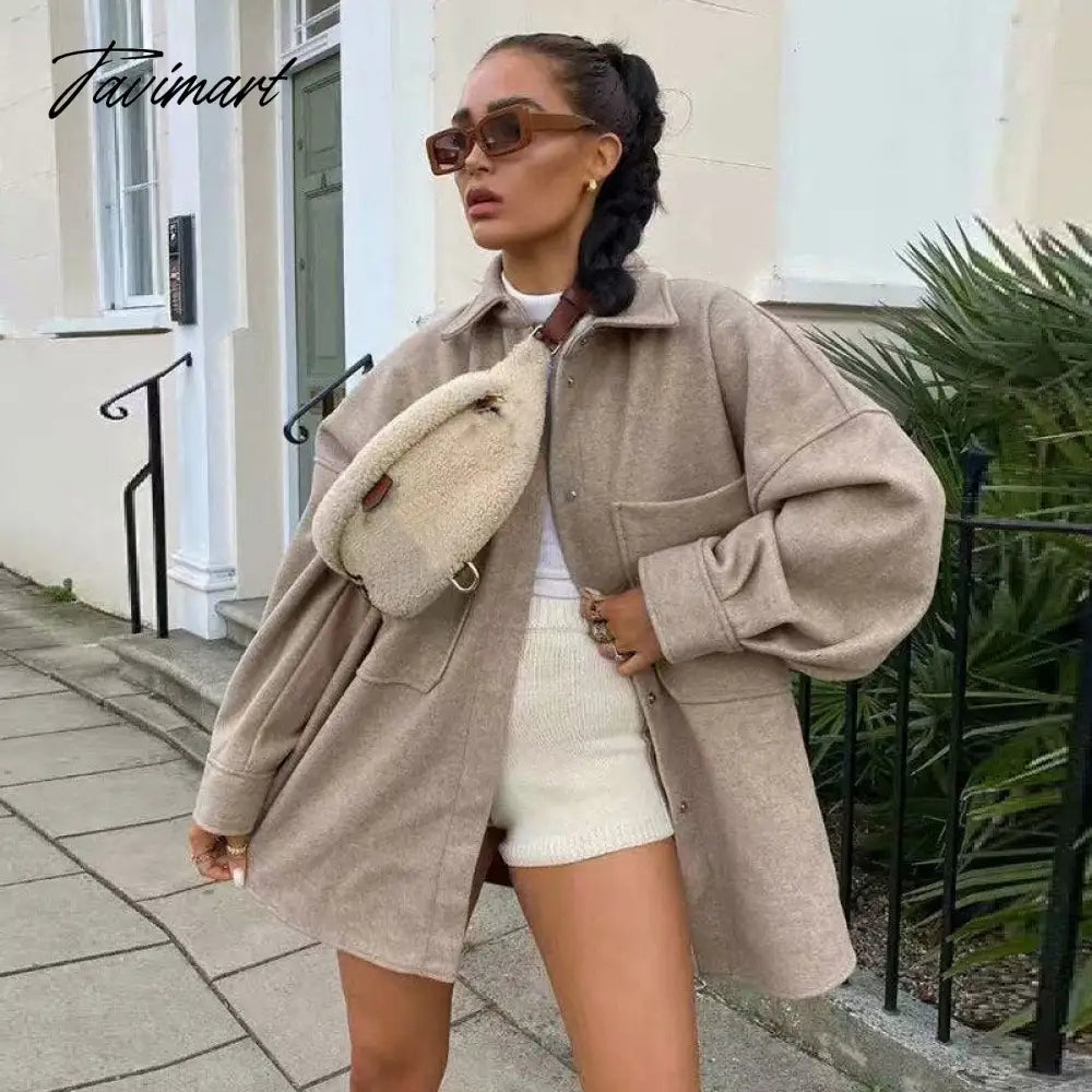 Tavimart Vintage Women's Camel Woolen Jackets Spring-Autumn Pocket Drop Shoulder Sleeve Coat Ladies Loose Streetwear Chic Outwear