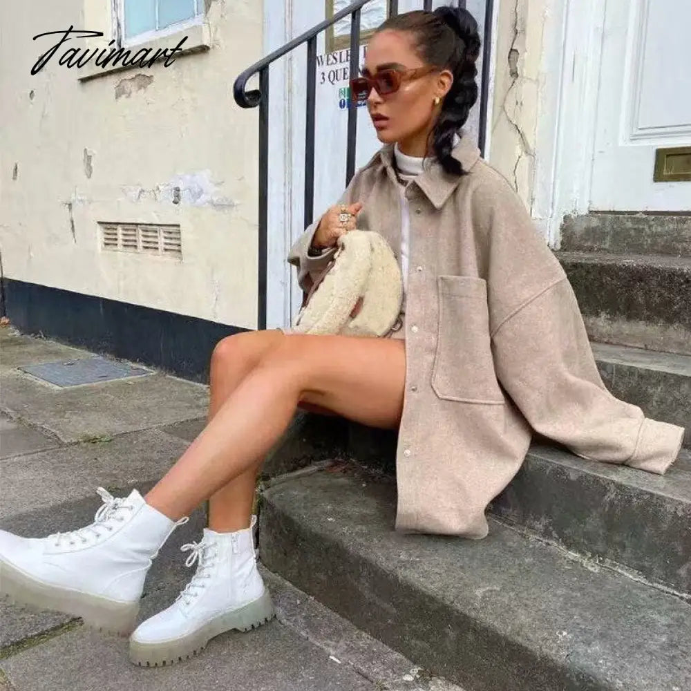 Tavimart Vintage Women's Camel Woolen Jackets Spring-Autumn Pocket Drop Shoulder Sleeve Coat Ladies Loose Streetwear Chic Outwear