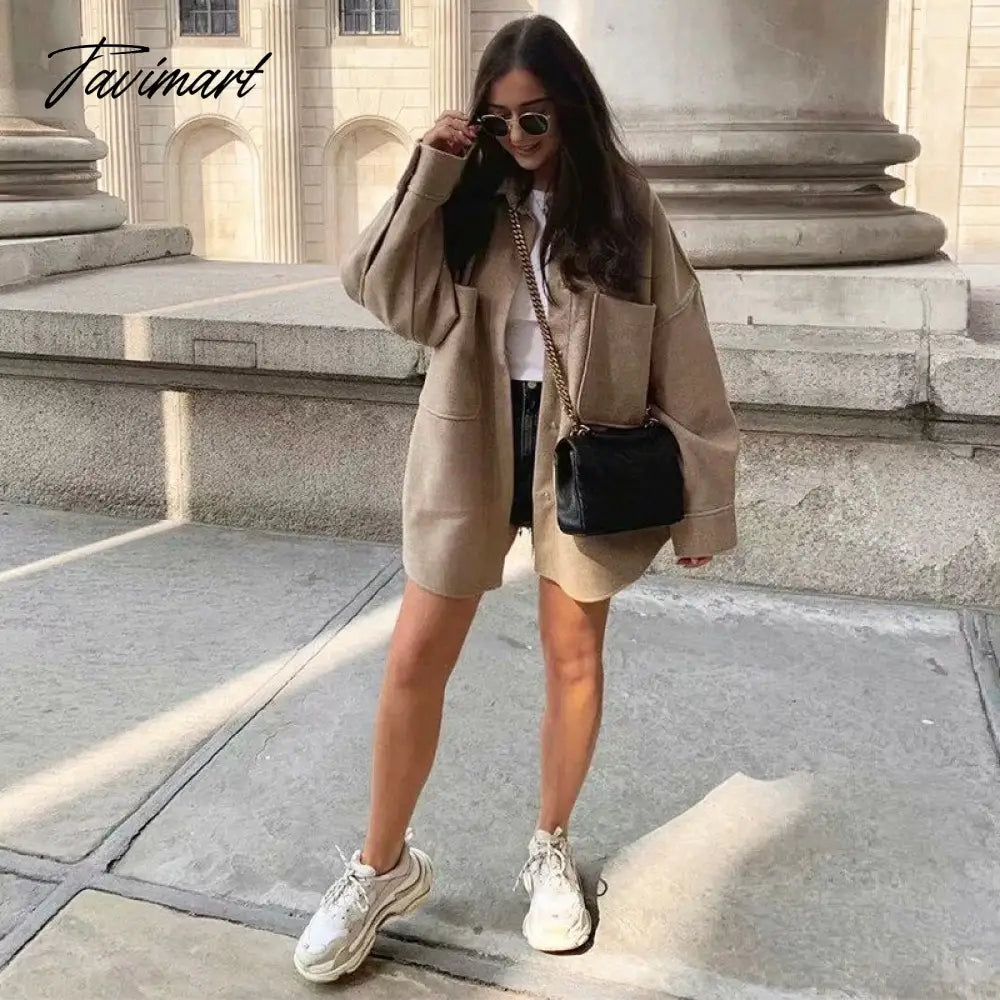 Tavimart Vintage Women's Camel Woolen Jackets Spring-Autumn Pocket Drop Shoulder Sleeve Coat Ladies Loose Streetwear Chic Outwear