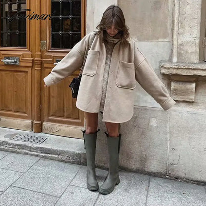 Tavimart Vintage Women's Camel Woolen Jackets Spring-Autumn Pocket Drop Shoulder Sleeve Coat Ladies Loose Streetwear Chic Outwear