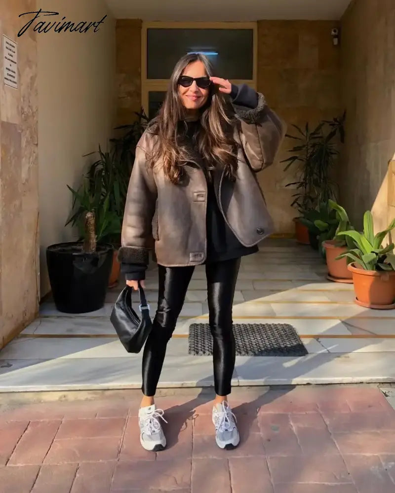 Tavimart Winter Faux Fur Thick Lapel Coat For Women Long Sleeve Jacket Female Warm PU Overcoat Ladies With Pockets Streetwear