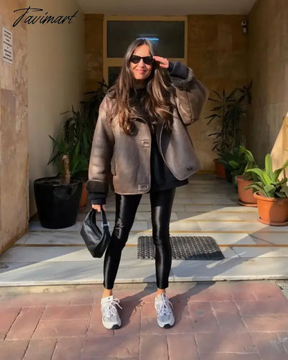 Tavimart Winter Faux Fur Thick Lapel Coat For Women Long Sleeve Jacket Female Warm PU Overcoat Ladies With Pockets Streetwear