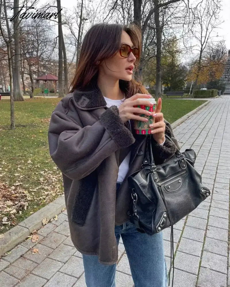 Tavimart Winter Faux Fur Thick Lapel Coat For Women Long Sleeve Jacket Female Warm PU Overcoat Ladies With Pockets Streetwear