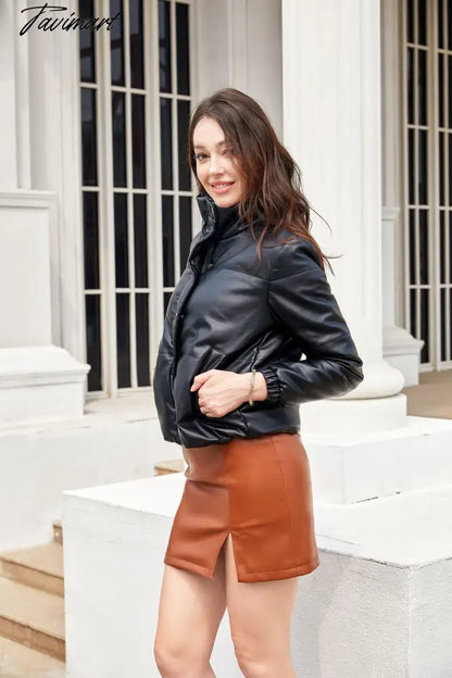 Tavimart Winter Jacket Women Super Hot Fashion Stand Collar Short Parkas PU Warm Women Jacket Casual Thick Coats Female Clothes Women