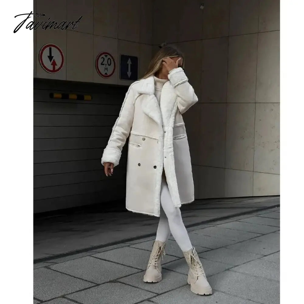 Tavimart Winter New Furry Suede Coat Suit Collar Long Cardigan Long Sleeve Plush Jacket Vestidos