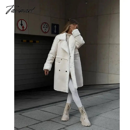 Tavimart Winter New Furry Suede Coat Suit Collar Long Cardigan Long Sleeve Plush Jacket Vestidos