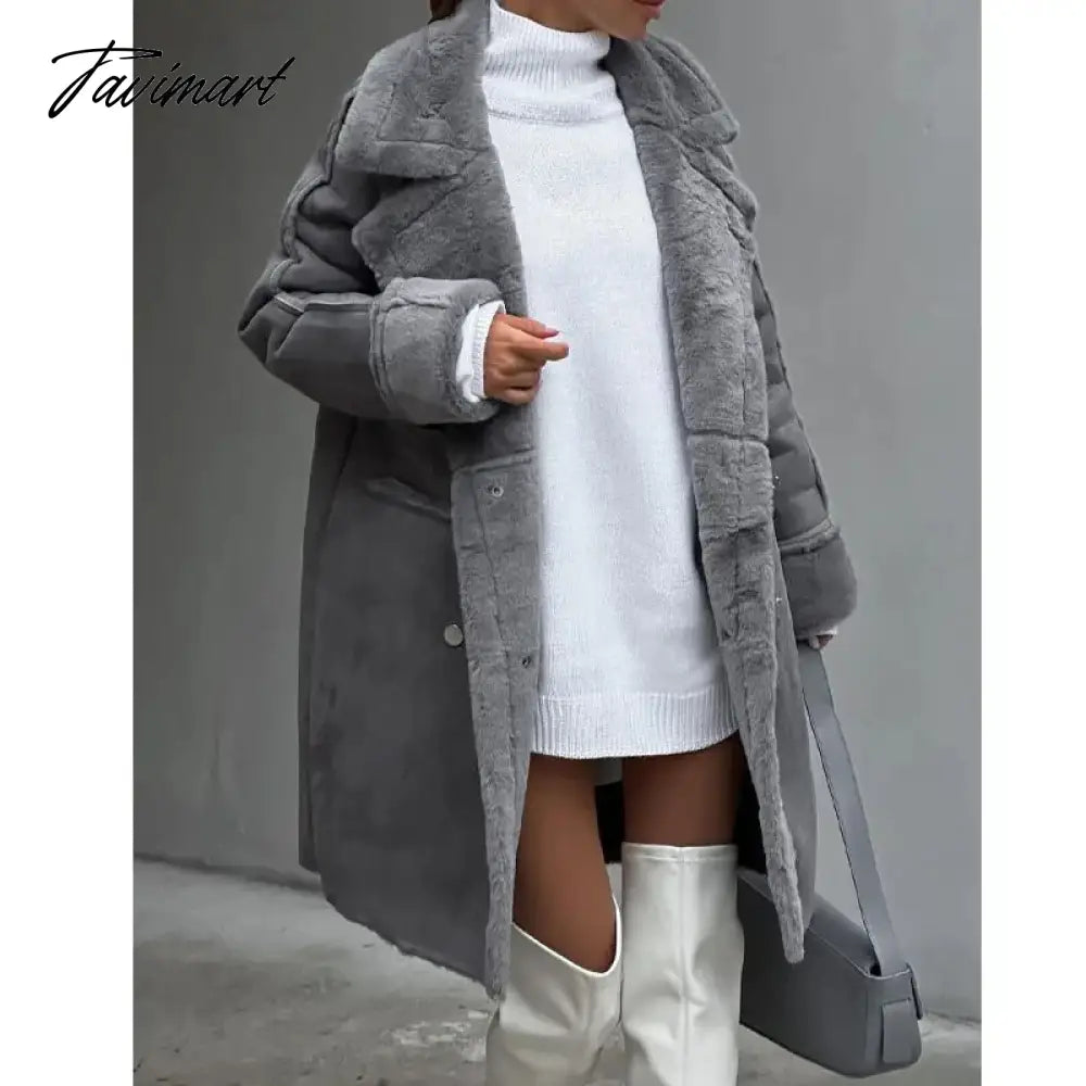 Tavimart Winter New Furry Suede Coat Suit Collar Long Cardigan Long Sleeve Plush Jacket Vestidos