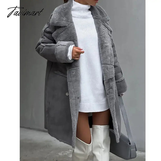 Tavimart Winter New Furry Suede Coat Suit Collar Long Cardigan Long Sleeve Plush Jacket Vestidos