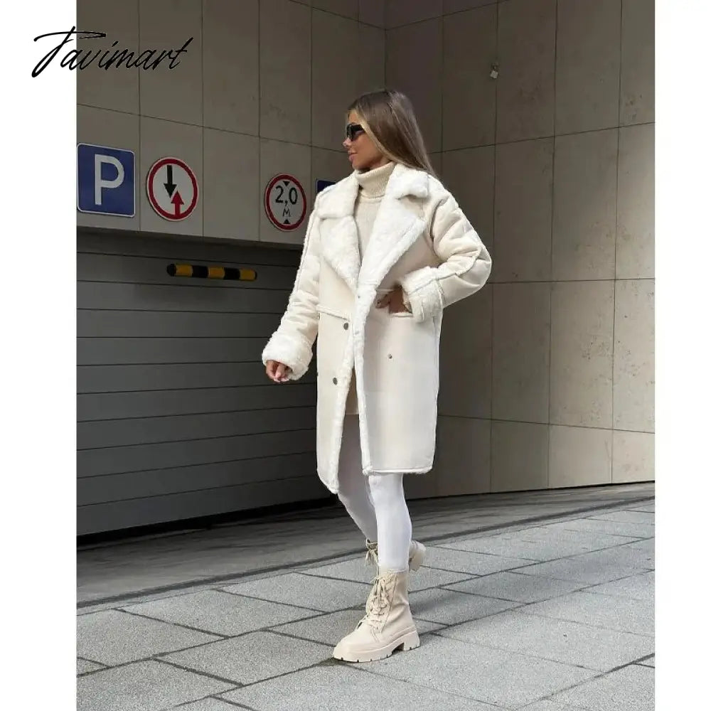 Tavimart Winter New Furry Suede Coat Suit Collar Long Cardigan Long Sleeve Plush Jacket Vestidos