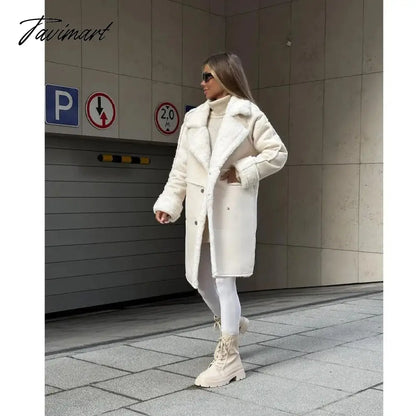 Tavimart Winter New Furry Suede Coat Suit Collar Long Cardigan Long Sleeve Plush Jacket Vestidos