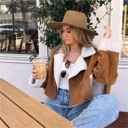 TAVIMART Winter oufits cropped jackets for women korean faux fur coat women winer coats for women brown furry jacket vintage clothes
