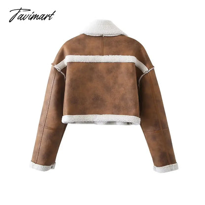 TAVIMART Winter oufits cropped jackets for women korean faux fur coat women winer coats for women brown furry jacket vintage clothes
