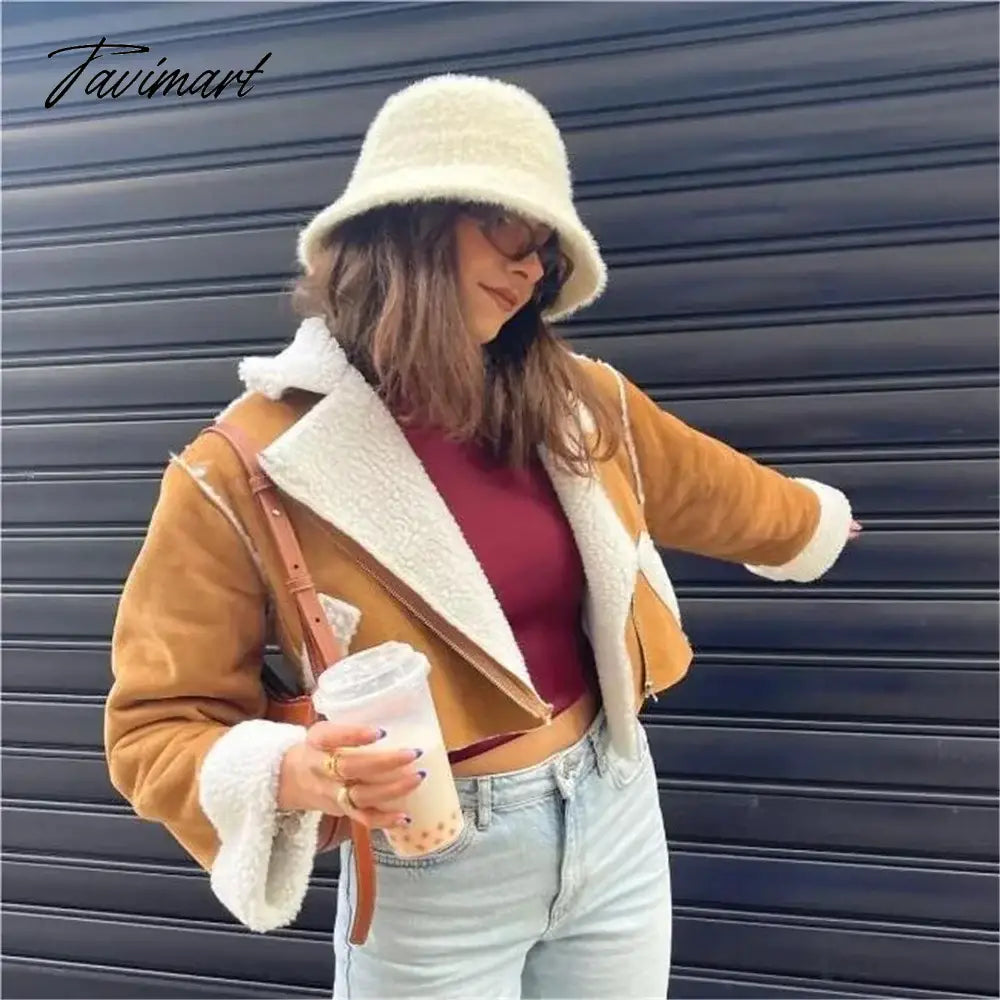 TAVIMART Winter oufits cropped jackets for women korean faux fur coat women winer coats for women brown furry jacket vintage clothes