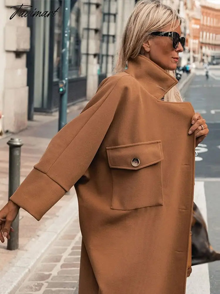 Tavimart Winter Vintage Women Elegant Overcoat With Single Breasted Solid Color Coat Long Warm Wool Fashion Outwear New Jackets