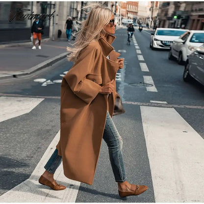 Tavimart Winter Vintage Women Elegant Overcoat With Single Breasted Solid Color Coat Long Warm Wool Fashion Outwear New Jackets