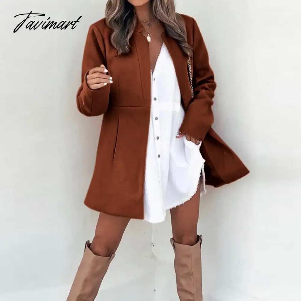 Tavimart Women Autumn Fashion Solid Color Wool Jackets Retro Long Sleeve Stand Collar Cardigan