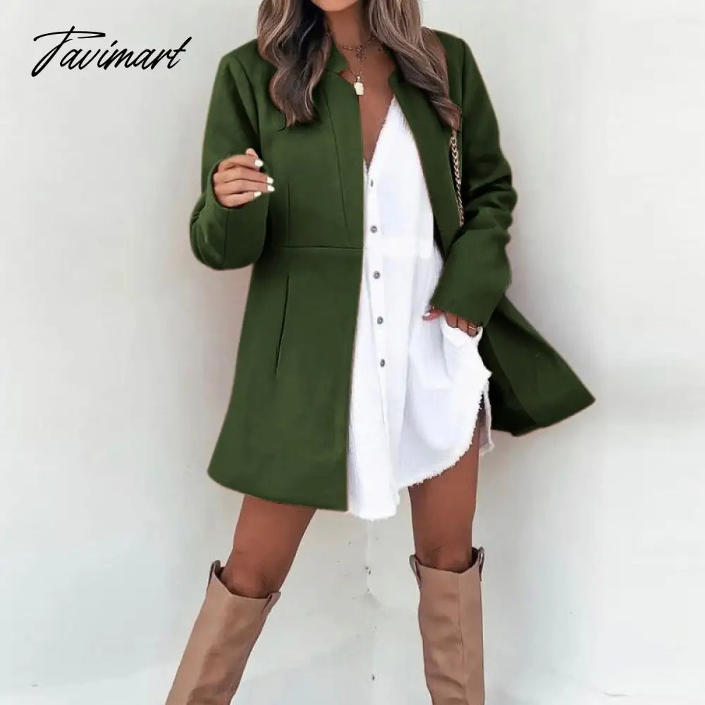 Tavimart Women Autumn Fashion Solid Color Wool Jackets Retro Long Sleeve Stand Collar Cardigan