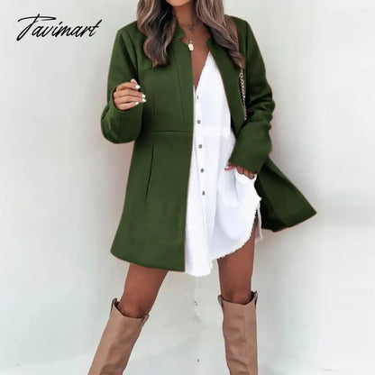 Tavimart Women Autumn Fashion Solid Color Wool Jackets Retro Long Sleeve Stand Collar Cardigan