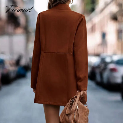 Tavimart Women Autumn Fashion Solid Color Wool Jackets Retro Long Sleeve Stand Collar Cardigan Jacket Casual Commuter Office Ladies Coats