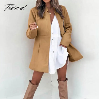 Tavimart Women Autumn Fashion Solid Color Wool Jackets Retro Long Sleeve Stand Collar Cardigan Jacket Casual Commuter Office Ladies Coats