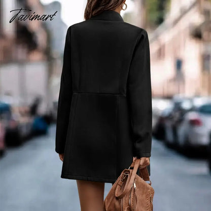 Tavimart Women Autumn Fashion Solid Color Wool Jackets Retro Long Sleeve Stand Collar Cardigan Jacket Casual Commuter Office Ladies Coats
