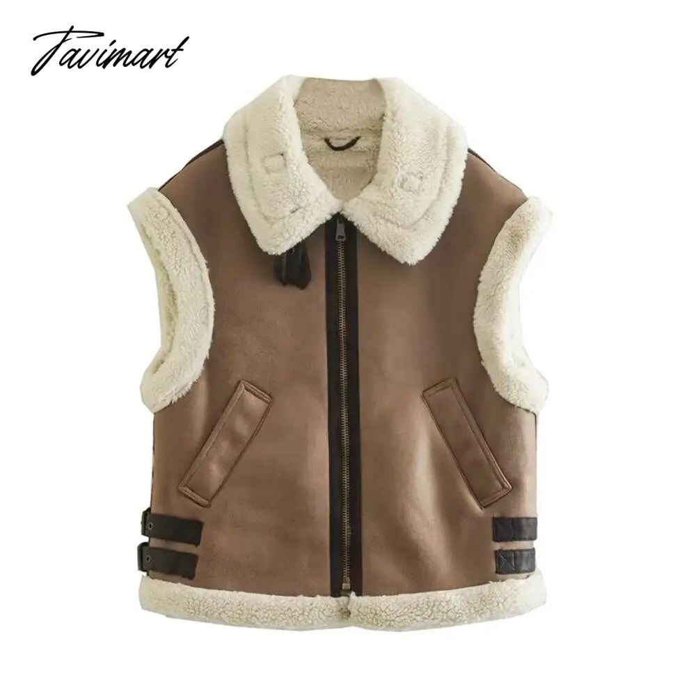 Tavimart Women Autumn New Fashion Fur In One Waistcoat Vintage Sleeveless Female Vest Coat Chic
