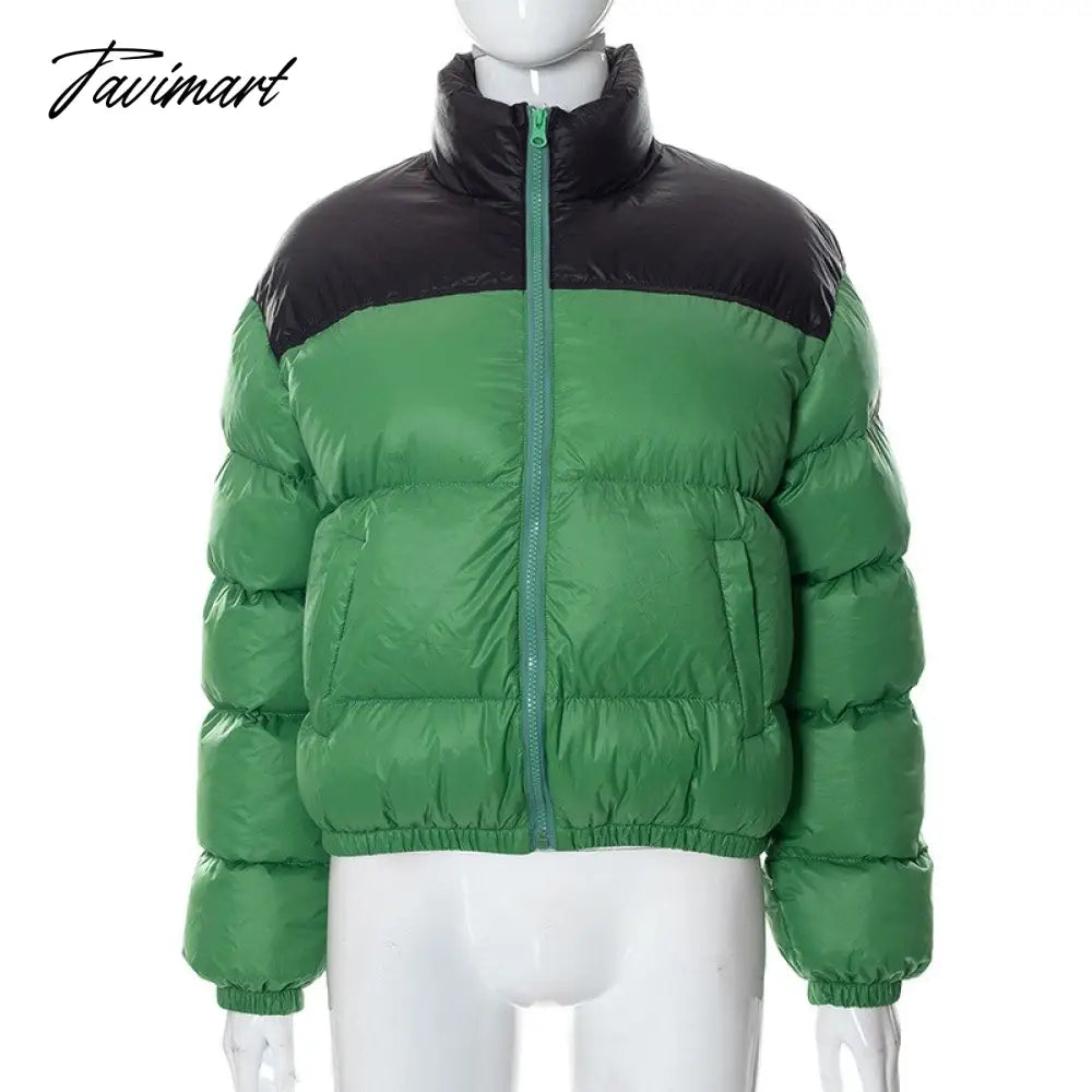 Tavimart Women Fashion Patchwork Loose Bomber Jacket Coat Y2K Vintage Long Sleeve Zipper Warm Parkas Female Outerwear Winter Women Coats