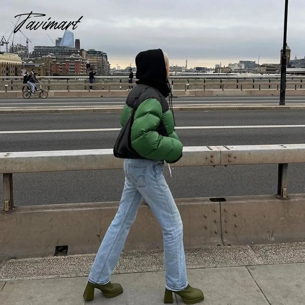 Tavimart Women Fashion Patchwork Loose Bomber Jacket Coat Y2K Vintage Long Sleeve Zipper Warm Parkas Female Outerwear Winter Women Coats