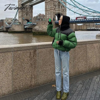 Tavimart Women Fashion Patchwork Loose Bomber Jacket Coat Y2K Vintage Long Sleeve Zipper Warm Parkas Female Outerwear Winter Women Coats