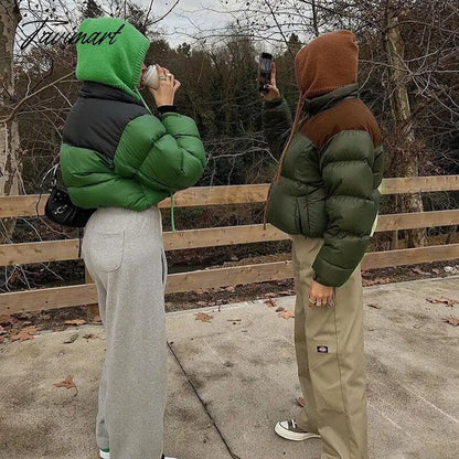 Tavimart Women Fashion Patchwork Loose Bomber Jacket Coat Y2K Vintage Long Sleeve Zipper Warm Parkas Female Outerwear Winter Women Coats