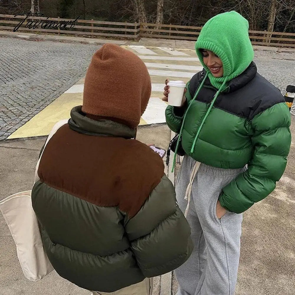 Tavimart Women Fashion Patchwork Loose Bomber Jacket Coat Y2K Vintage Long Sleeve Zipper Warm Parkas Female Outerwear Winter Women Coats