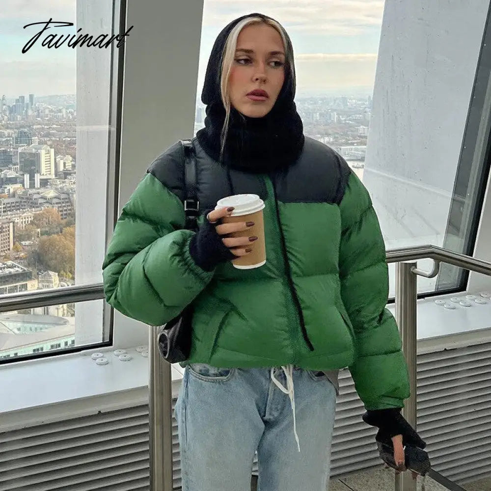 Tavimart Women Fashion Patchwork Loose Bomber Jacket Coat Y2K Vintage Long Sleeve Zipper Warm Parkas Female Outerwear Winter Women Coats