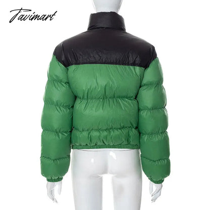 Tavimart Women Fashion Patchwork Loose Bomber Jacket Coat Y2K Vintage Long Sleeve Zipper Warm Parkas Female Outerwear Winter Women Coats