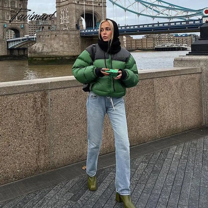 Tavimart Women Fashion Patchwork Loose Bomber Jacket Coat Y2K Vintage Long Sleeve Zipper Warm Parkas Female Outerwear Winter Women Coats