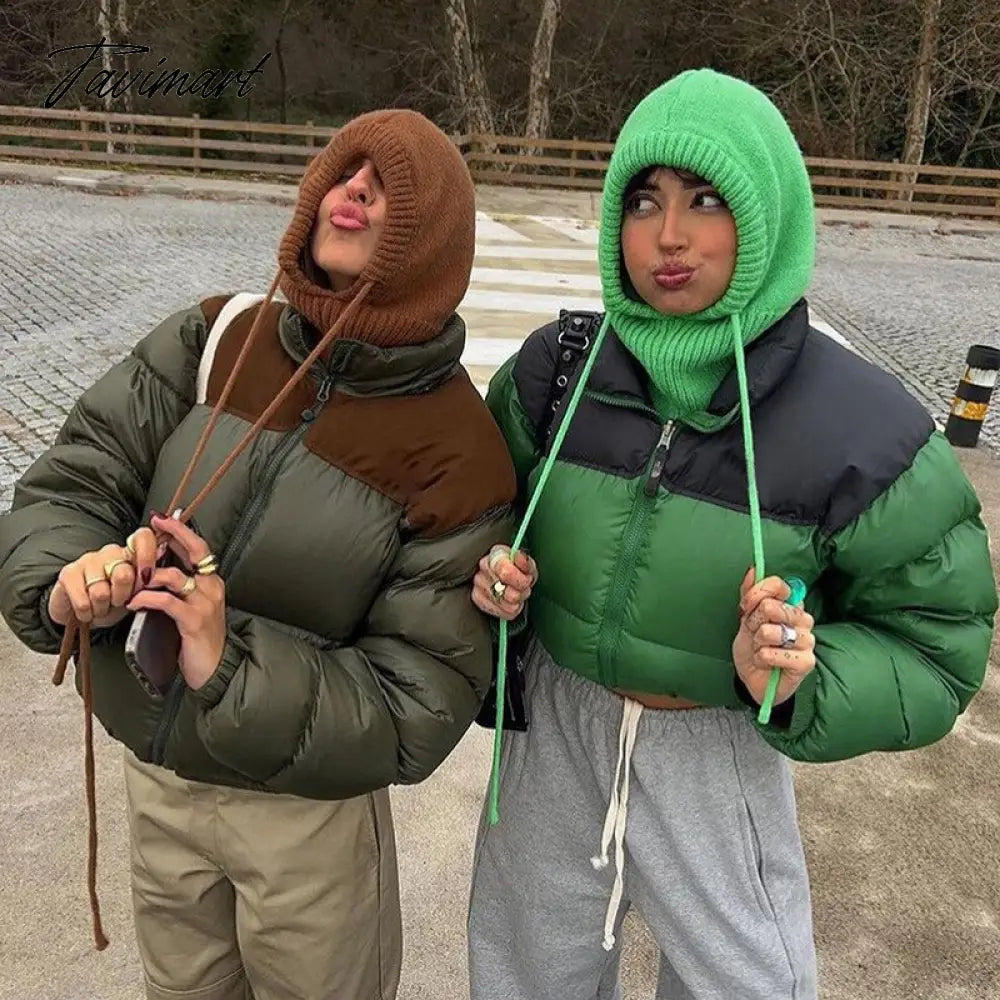 Tavimart Women Fashion Patchwork Loose Bomber Jacket Coat Y2K Vintage Long Sleeve Zipper Warm Parkas Female Outerwear Winter Women Coats