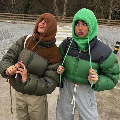 Tavimart Women Fashion Patchwork Loose Bomber Jacket Coat Y2K Vintage Long Sleeve Zipper Warm Parkas Female Outerwear Winter Women Coats