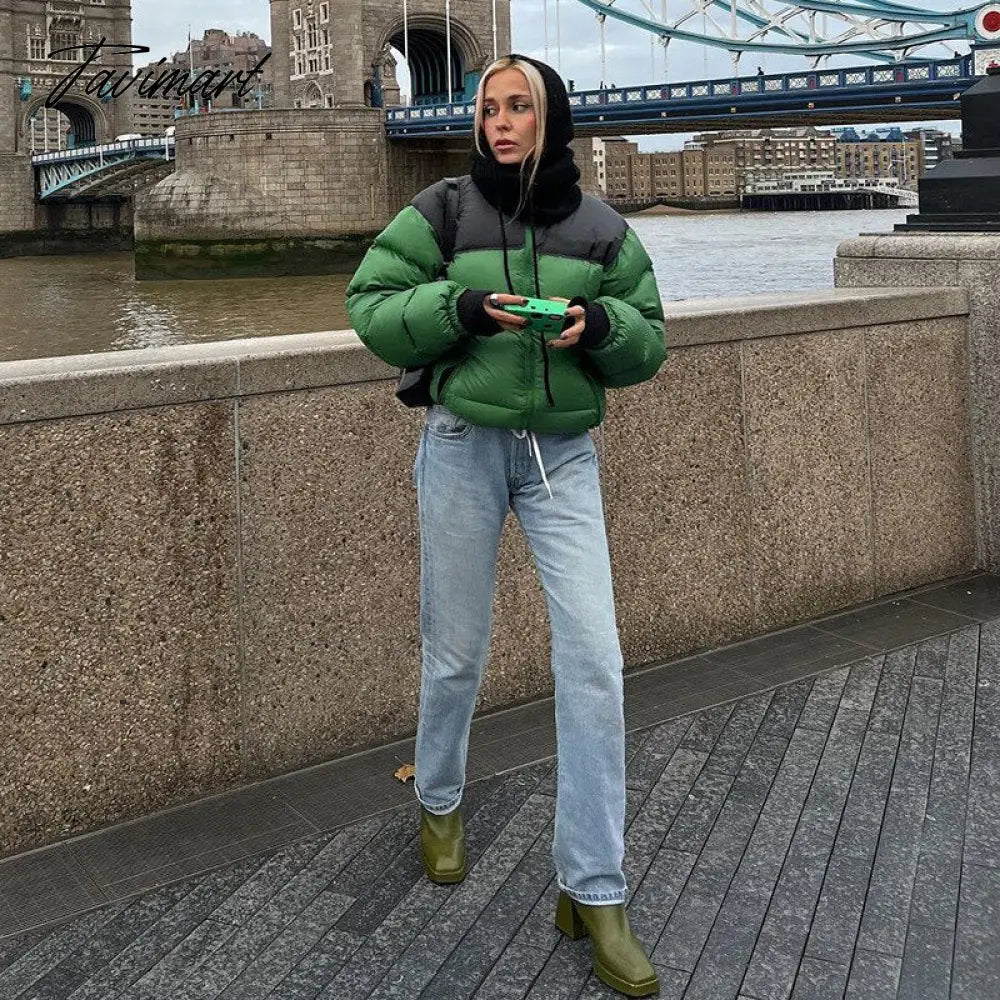 Tavimart Women Fashion Patchwork Loose Bomber Jacket Coat Y2K Vintage Long Sleeve Zipper Warm Parkas Female Outerwear Winter Women Coats