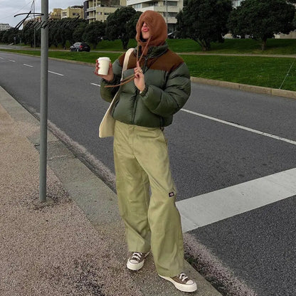 Tavimart Women Fashion Patchwork Loose Bomber Jacket Coat Y2K Vintage Long Sleeve Zipper Warm Parkas Female Outerwear Winter Women Coats