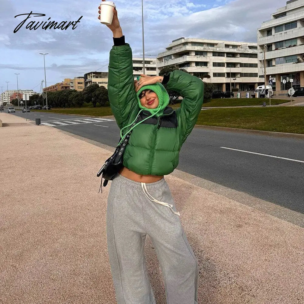 Tavimart Women Fashion Patchwork Loose Bomber Jacket Coat Y2K Vintage Long Sleeve Zipper Warm Parkas Female Outerwear Winter Women Coats