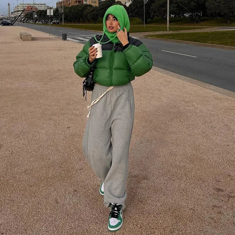 Tavimart Women Fashion Patchwork Loose Bomber Jacket Coat Y2K Vintage Long Sleeve Zipper Warm Parkas Female Outerwear Winter Women Coats