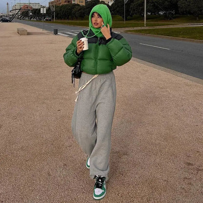 Tavimart Women Fashion Patchwork Loose Bomber Jacket Coat Y2K Vintage Long Sleeve Zipper Warm Parkas Female Outerwear Winter Women Coats