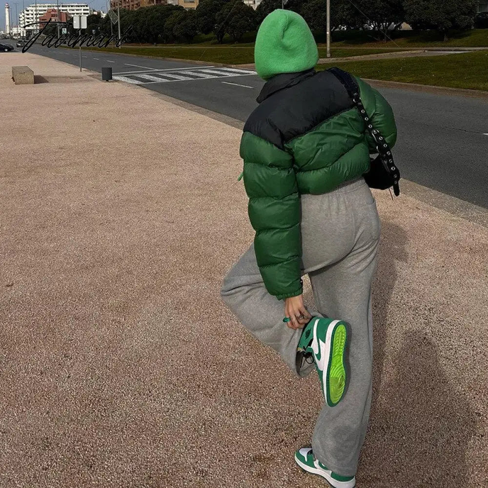 Tavimart Women Fashion Patchwork Loose Bomber Jacket Coat Y2K Vintage Long Sleeve Zipper Warm Parkas Female Outerwear Winter Women Coats