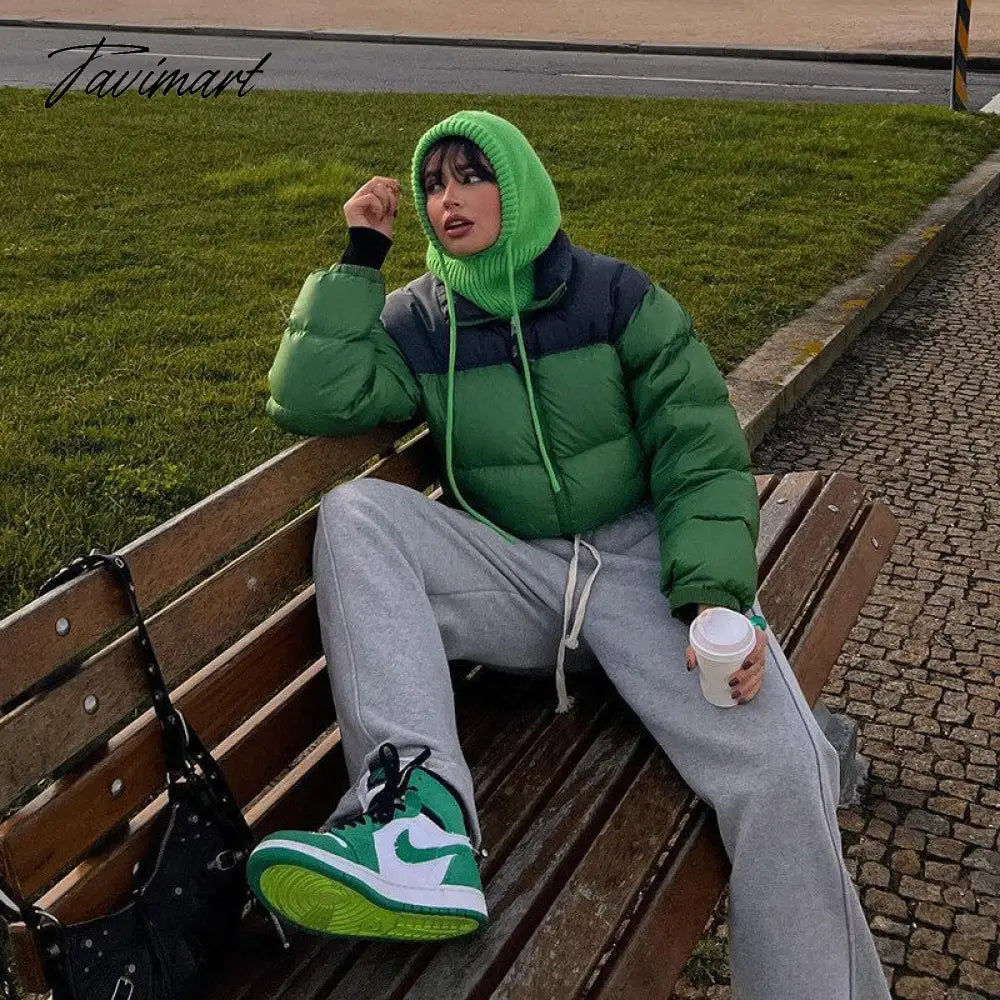 Tavimart Women Fashion Patchwork Loose Bomber Jacket Coat Y2K Vintage Long Sleeve Zipper Warm Parkas Female Outerwear Winter Women Coats